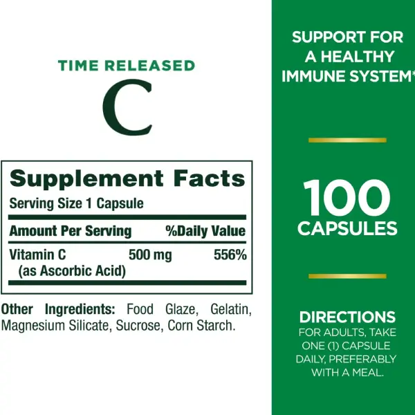 Nature's Bounty Vitamin C Time Release Capsules, 500 Mg, Vitamin Supplement, 100 Ct